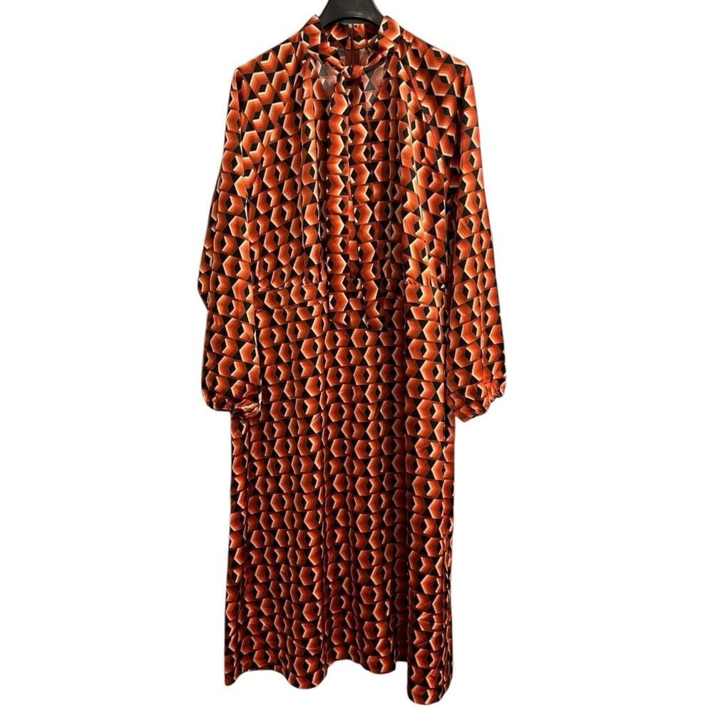 Worthington Dress Bold Geometric All Over Print Satin Midi Tie Neck Size 3X